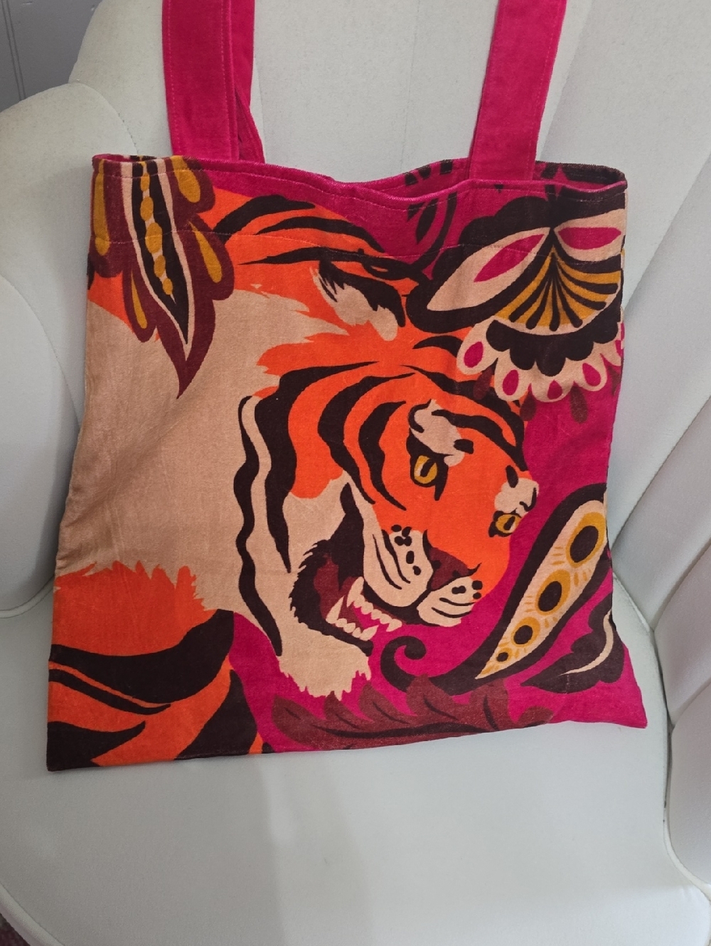 Powder Design Velvet Tote Bag in the "Roaring Tiger" motif.